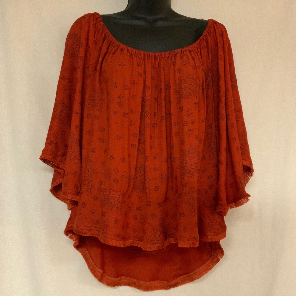 Buffalo David Bitton Rust Peasant Blouse w Print.  Off/On Shoulder. XL NWT